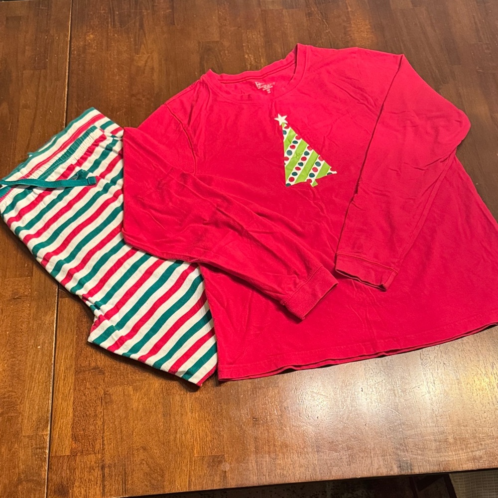 Pajamagram Festive PJ set Red Shirt and red, green, white stripe pants